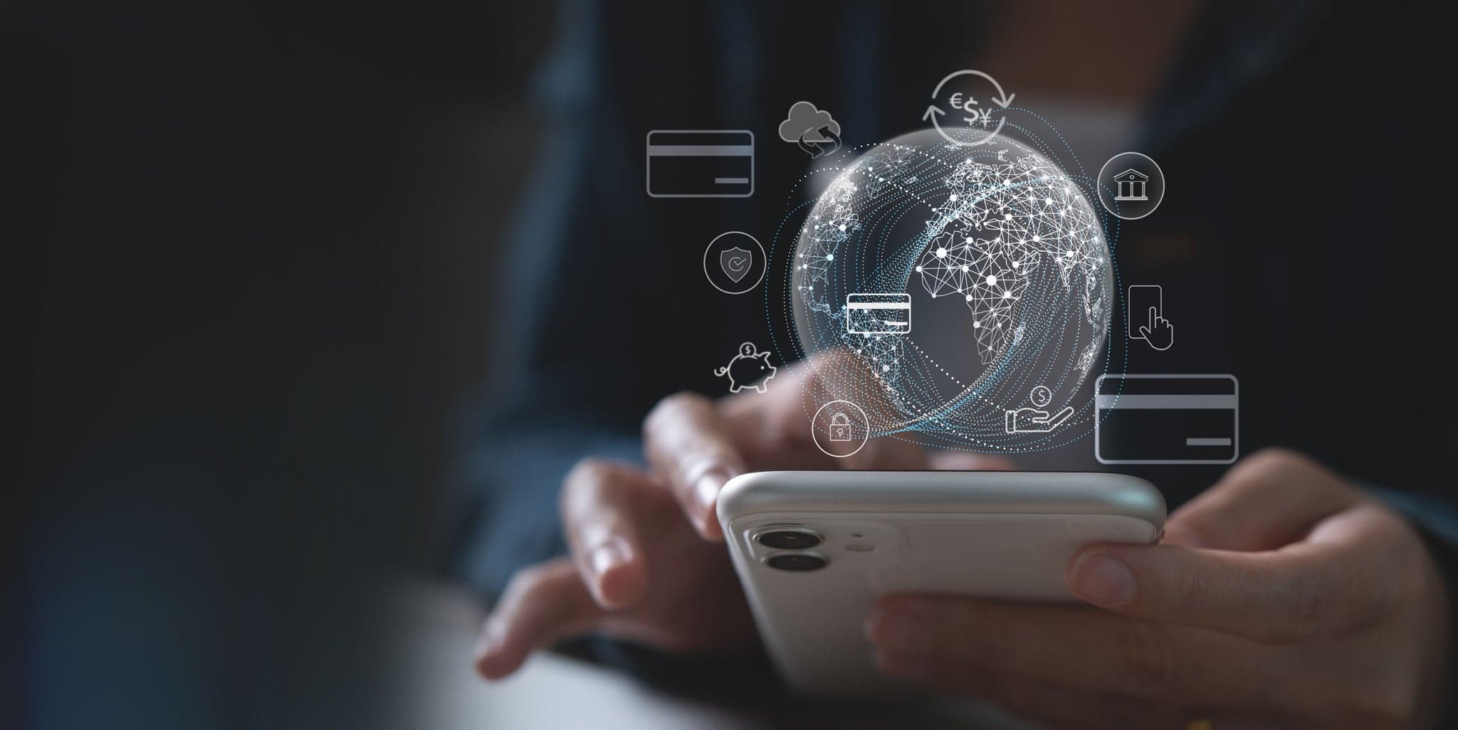 A person using a mobile banking app, with icons representing global payments, security and financial services layered over the image
