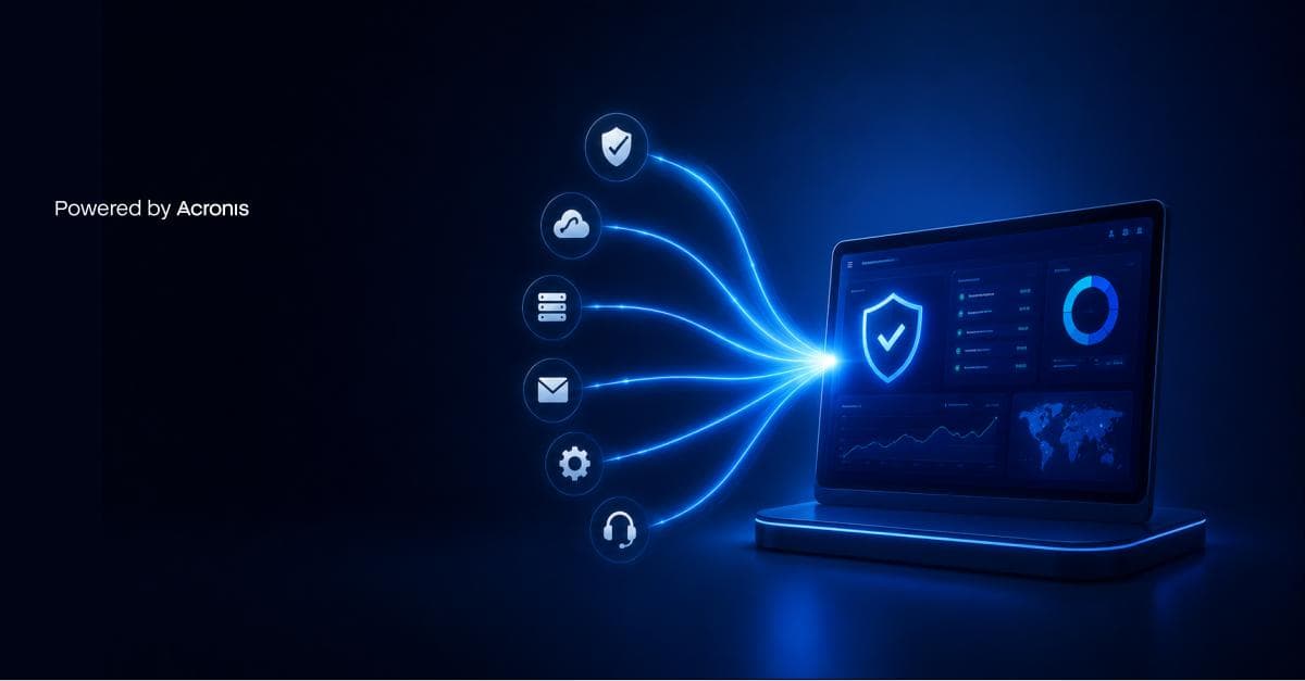 Acronis Cyber Protect Cloud console, bringing backup, security, storage and support together behind one laptop