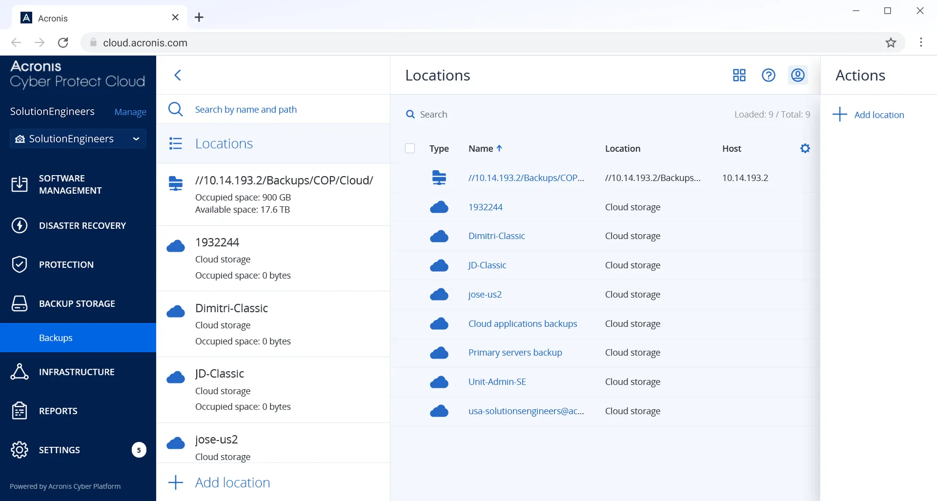 Acronis backup locations list showing cloud and on-site storage targets
