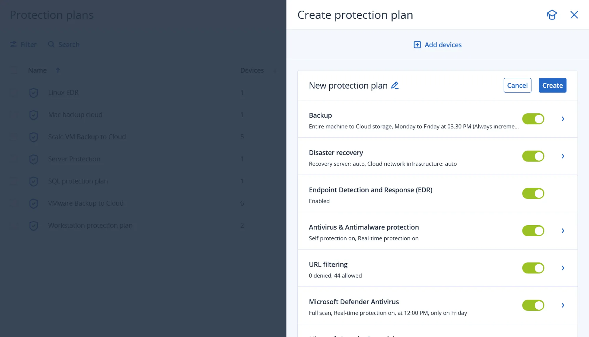 Acronis protection plan builder showing backup, EDR, antivirus and URL filtering toggles