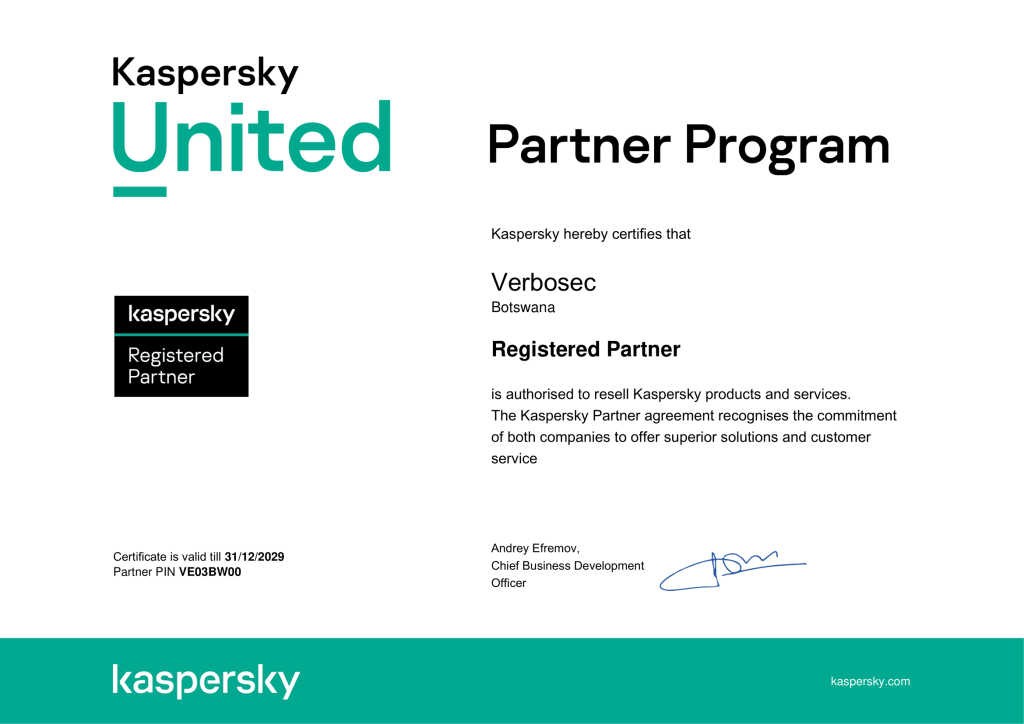 Kaspersky Verbosec Partnership certificate